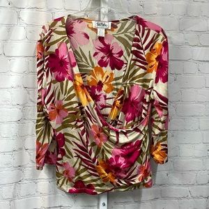 Bob Mackie tropical floral wrap silk blend size 10 blouse top